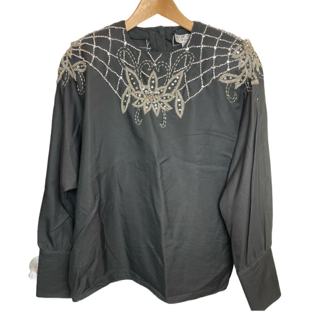 Vntg Bonnie Boerer Black Silk Blend Beaded Blouse
